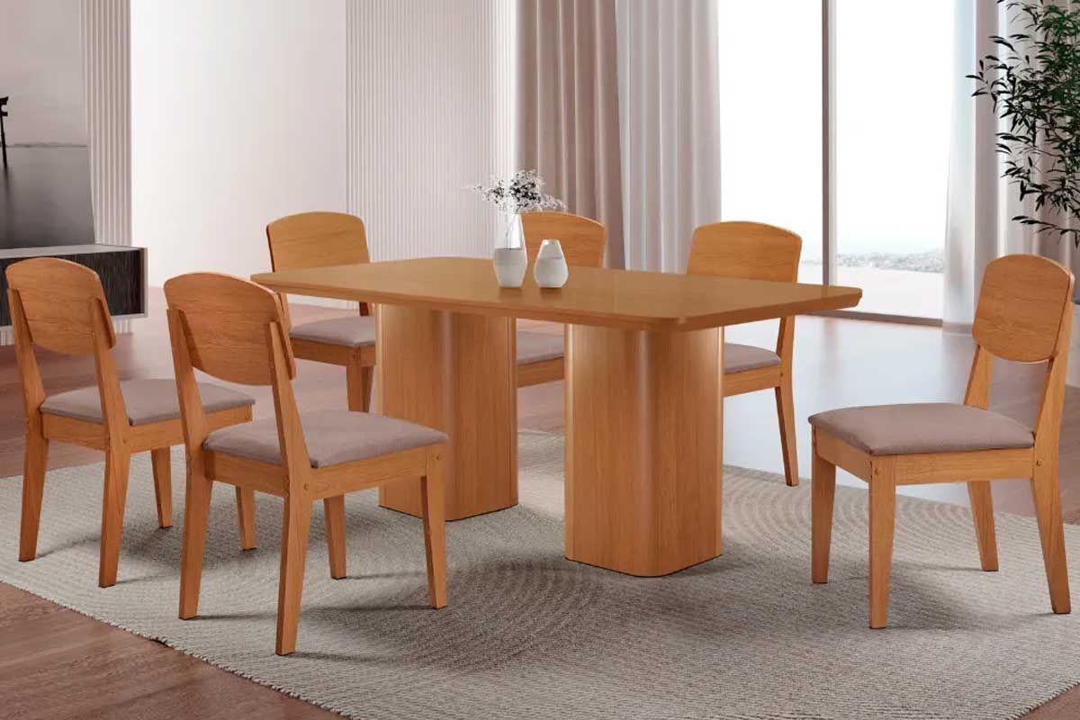 Sala Jantar Mesa Maldivas c/ Tampo Madeirado Canto Curvo 180x90cm e 6 Cadeiras Havana - Rufato