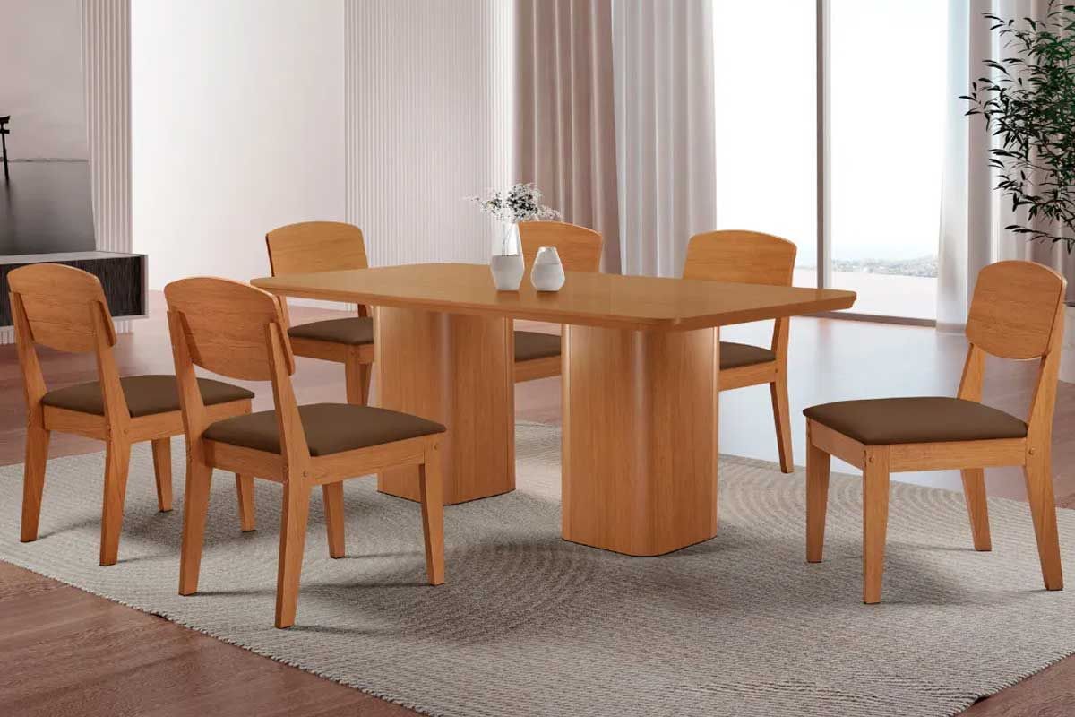 Sala Jantar Mesa Maldivas c/ Tampo Madeirado Canto Curvo 180x90cm e 6 Cadeiras Havana - Rufato
