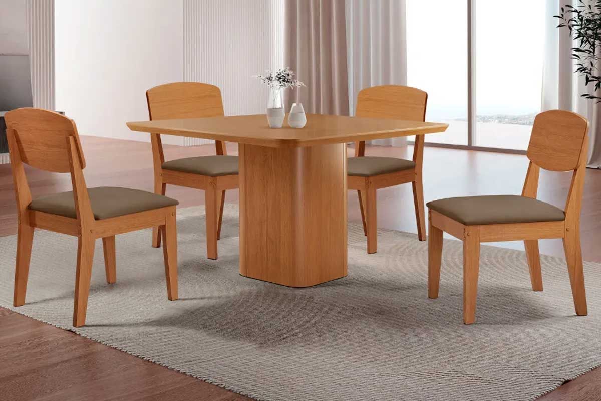 Sala Jantar Mesa Maldivas c/ Tampo Madeirado Canto Curvo 90x90cm e 4 Cadeiras Havana - Rufato