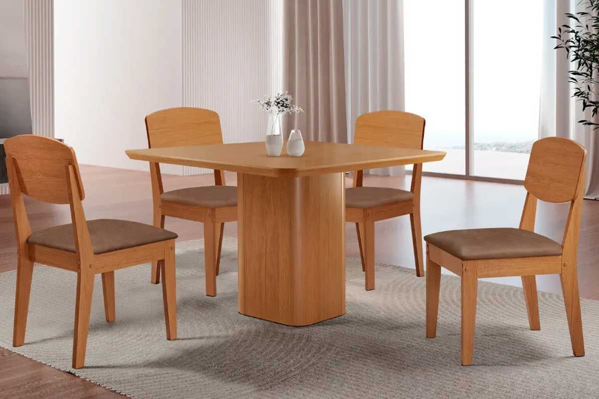 Sala Jantar Mesa Maldivas c/ Tampo Madeirado Canto Curvo 90x90cm e 4 Cadeiras Havana - Rufato
