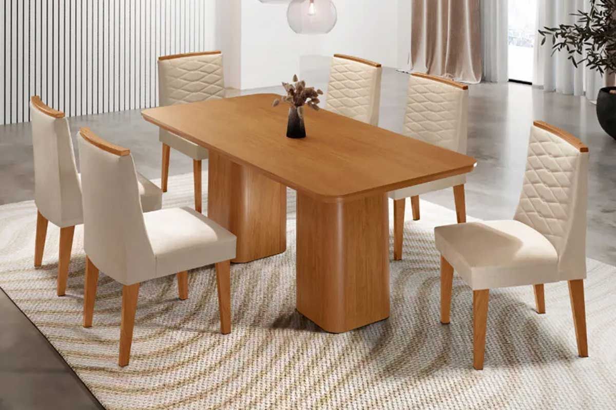 Sala Jantar Mesa Maldivas c/ Tampo Madeirado Canto Curvo 180x90cm e 6 Cadeiras Maldivas - Rufato