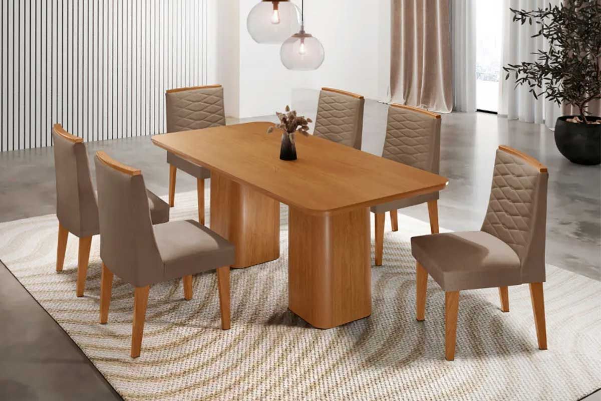Sala Jantar Mesa Maldivas c/ Tampo Madeirado Canto Curvo 180x90cm e 6 Cadeiras Maldivas - Rufato