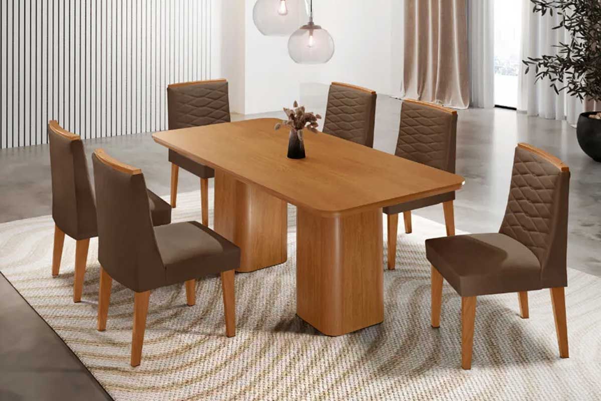 Sala Jantar Mesa Maldivas c/ Tampo Madeirado Canto Curvo 180x90cm e 6 Cadeiras Maldivas - Rufato