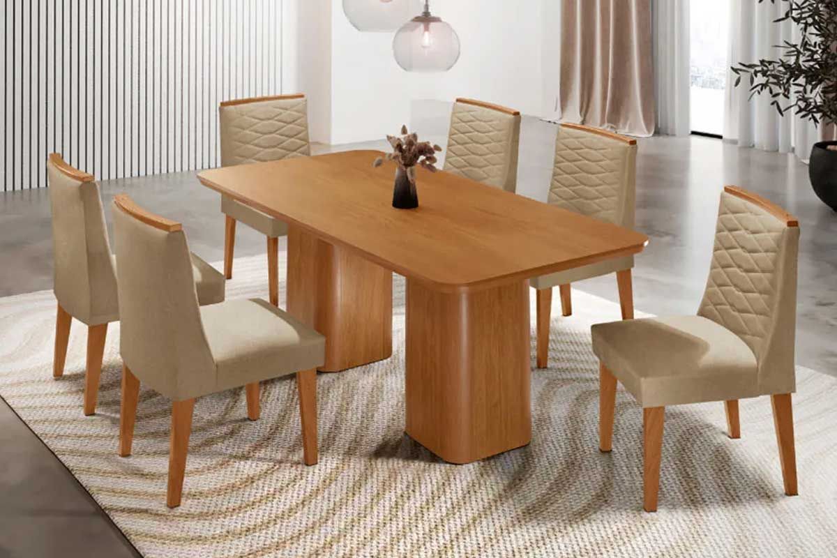 Sala Jantar Mesa Maldivas c/ Tampo Madeirado Canto Curvo 180x90cm e 6 Cadeiras Maldivas - Rufato