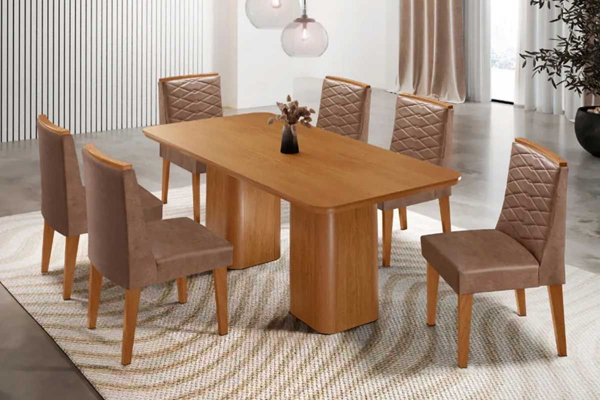Sala Jantar Mesa Maldivas c/ Tampo Madeirado Canto Curvo 180x90cm e 6 Cadeiras Maldivas - Rufato
