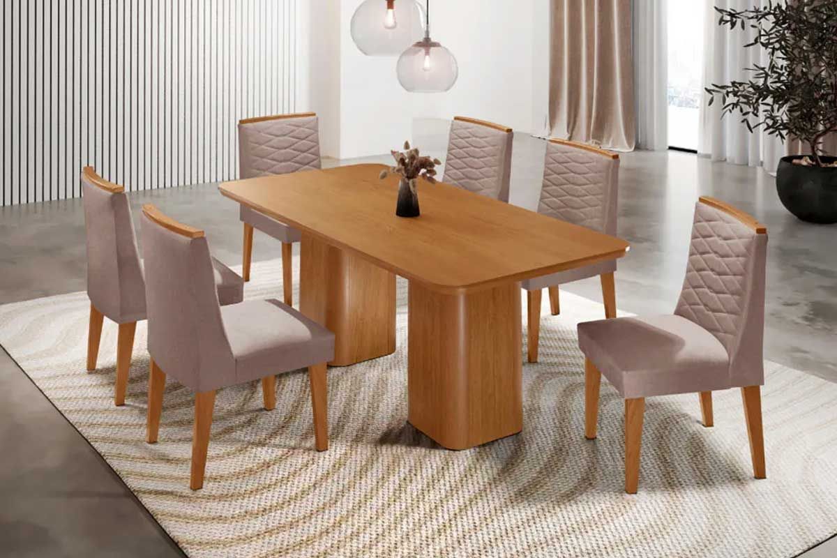 Sala Jantar Mesa Maldivas c/ Tampo Madeirado Canto Curvo 180x90cm e 6 Cadeiras Maldivas - Rufato