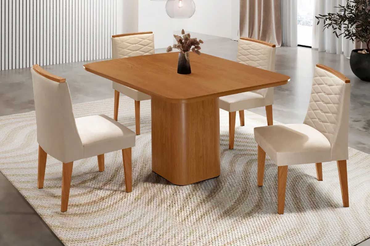 Sala Jantar Mesa Maldivas c/ Tampo Madeirado Canto Curvo 90x90cm e 4 Cadeiras Maldivas - Rufato