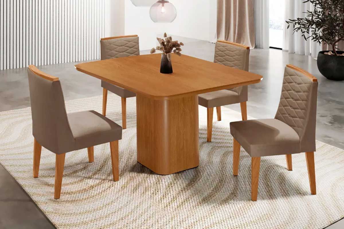 Sala Jantar Mesa Maldivas c/ Tampo Madeirado Canto Curvo 90x90cm e 4 Cadeiras Maldivas - Rufato
