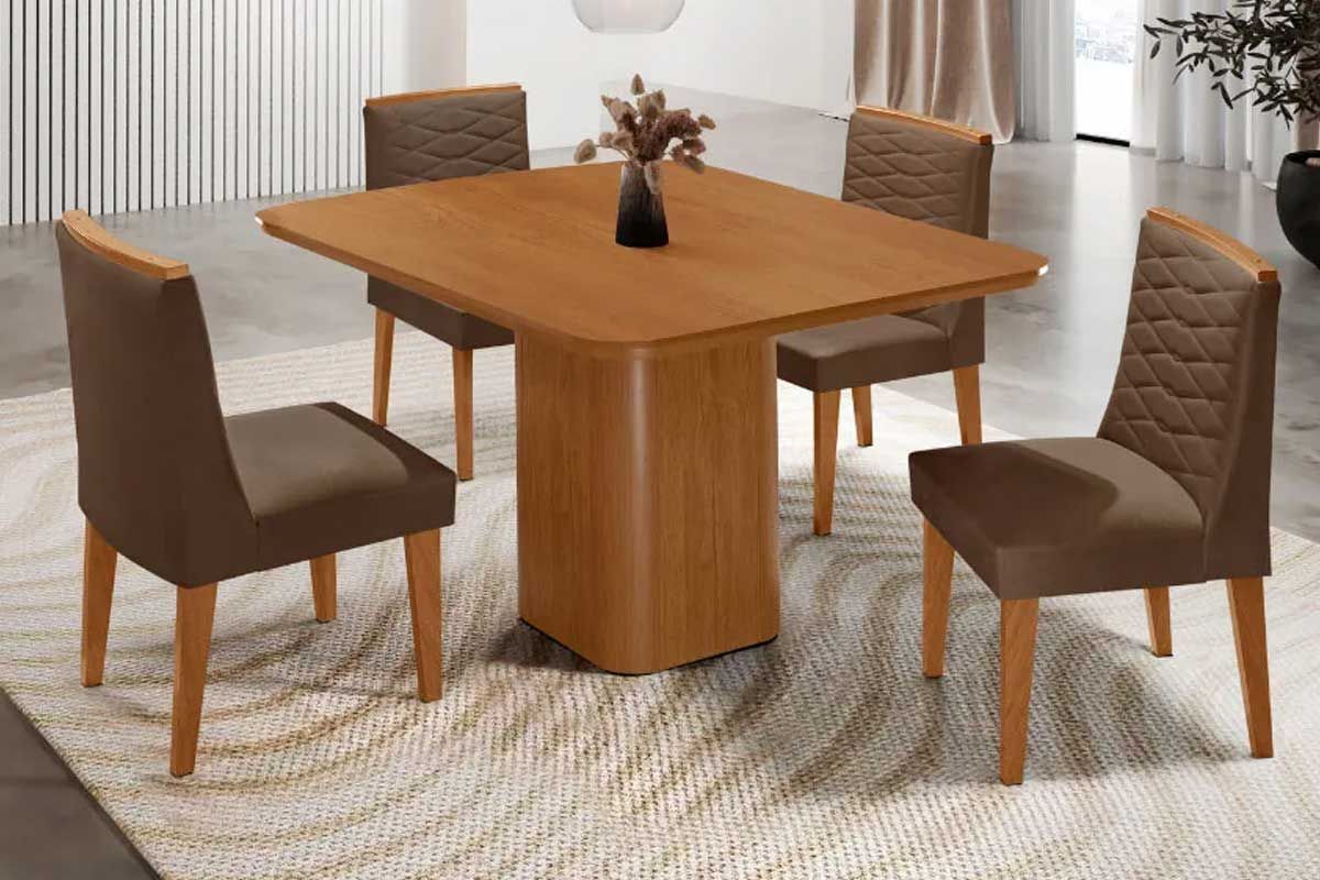 Sala Jantar Mesa Maldivas c/ Tampo Madeirado Canto Curvo 90x90cm e 4 Cadeiras Maldivas - Rufato