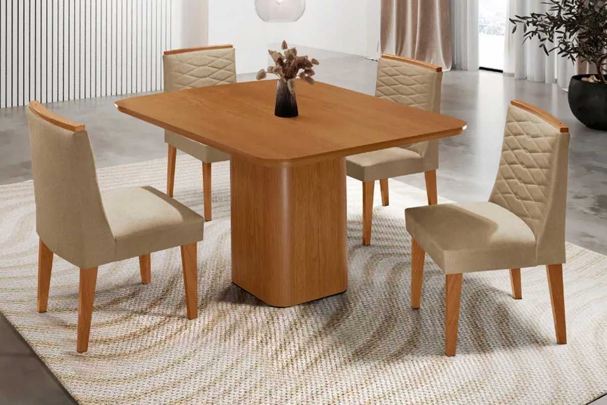 Sala Jantar Mesa Maldivas c/ Tampo Madeirado Canto Curvo 90x90cm e 4 Cadeiras Maldivas - Rufato