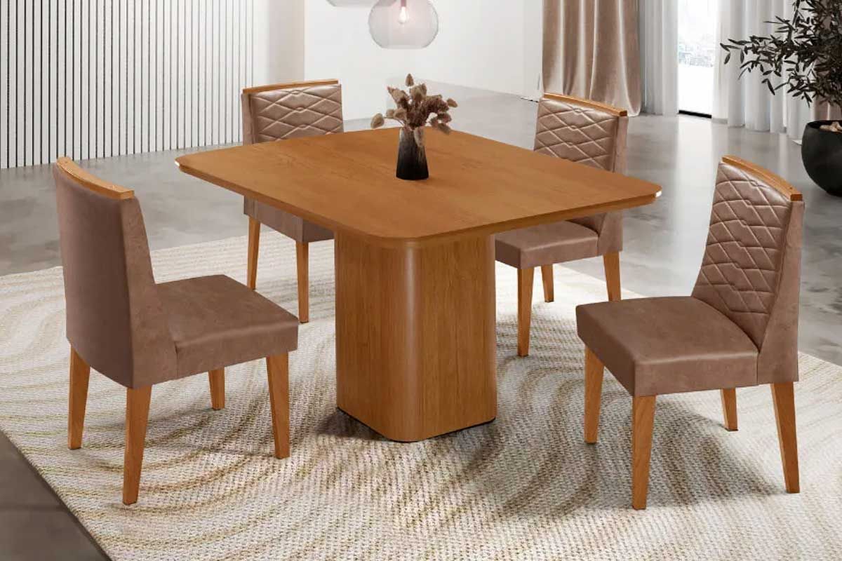 Sala Jantar Mesa Maldivas c/ Tampo Madeirado Canto Curvo 90x90cm e 4 Cadeiras Maldivas - Rufato