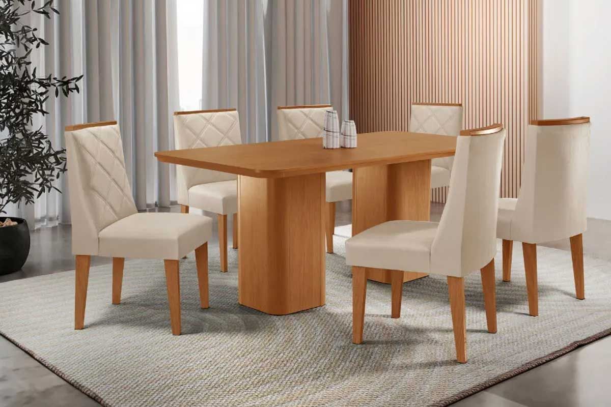 Sala Jantar Mesa Maldivas c/ Tampo Madeirado Canto Curvo 180x90cm e 6 Cadeiras Pietá - Rufato