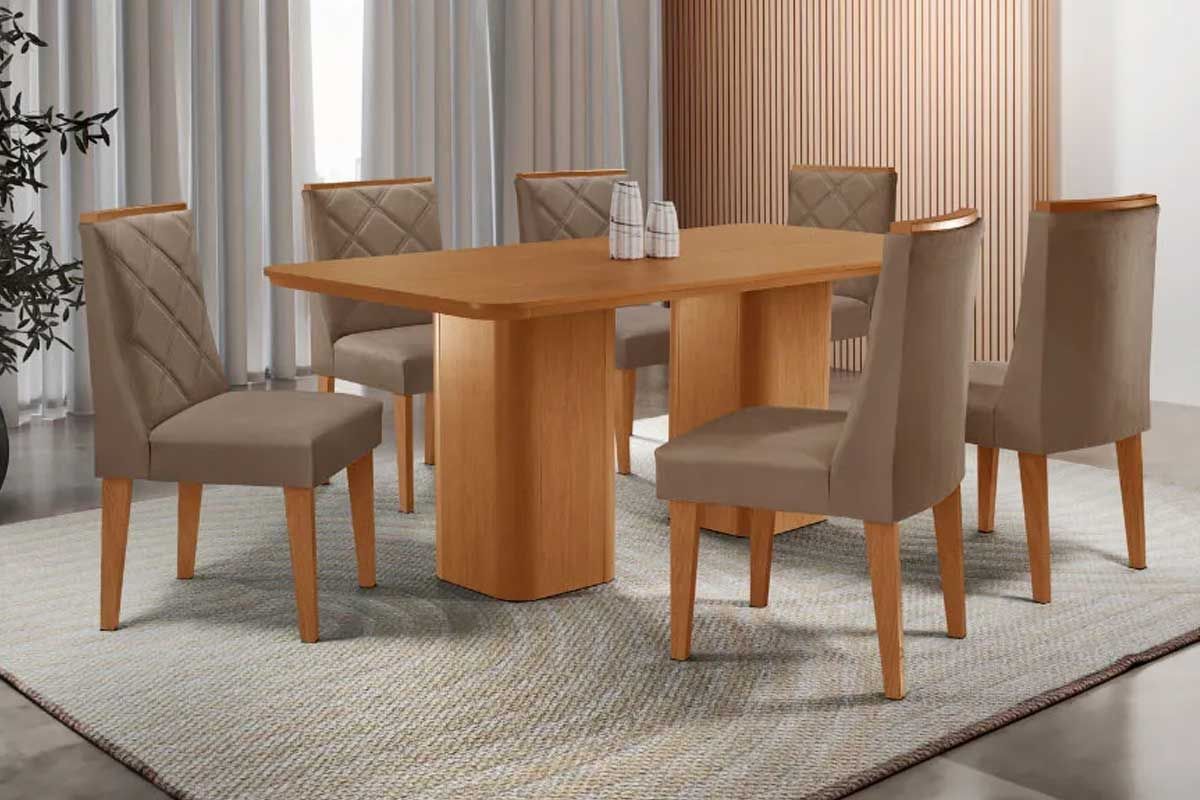 Sala Jantar Mesa Maldivas c/ Tampo Madeirado Canto Curvo 180x90cm e 6 Cadeiras Pietá - Rufato