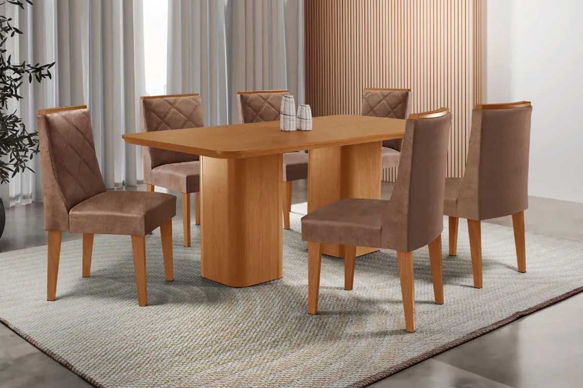 Sala Jantar Mesa Maldivas c/ Tampo Madeirado Canto Curvo 180x90cm e 6 Cadeiras Pietá - Rufato