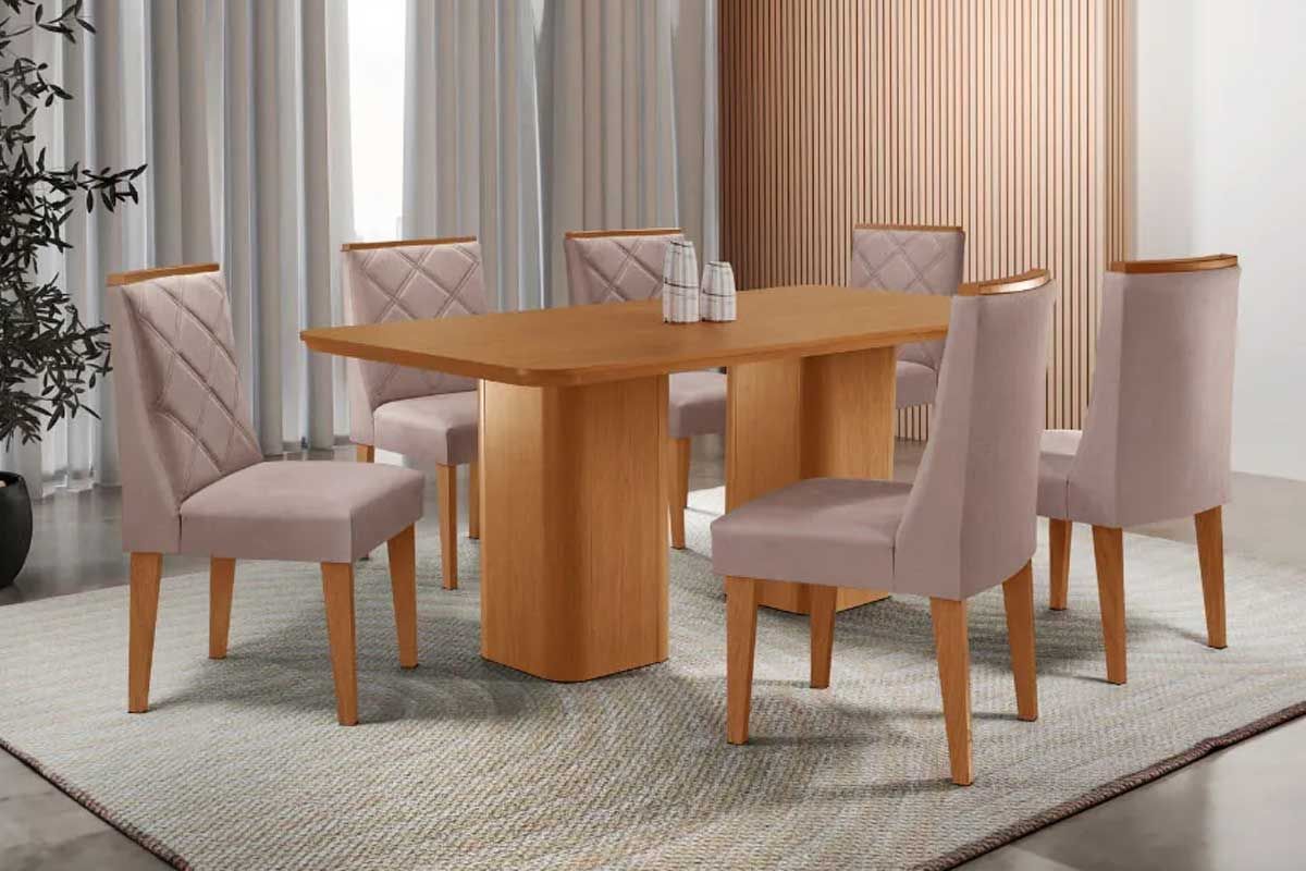 Sala Jantar Mesa Maldivas c/ Tampo Madeirado Canto Curvo 180x90cm e 6 Cadeiras Pietá - Rufato