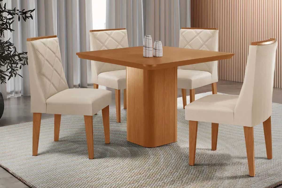 Sala Jantar Mesa Maldivas c/ Tampo Madeirado Canto Curvo 90x90cm e 4 Cadeiras Pietá - Rufato