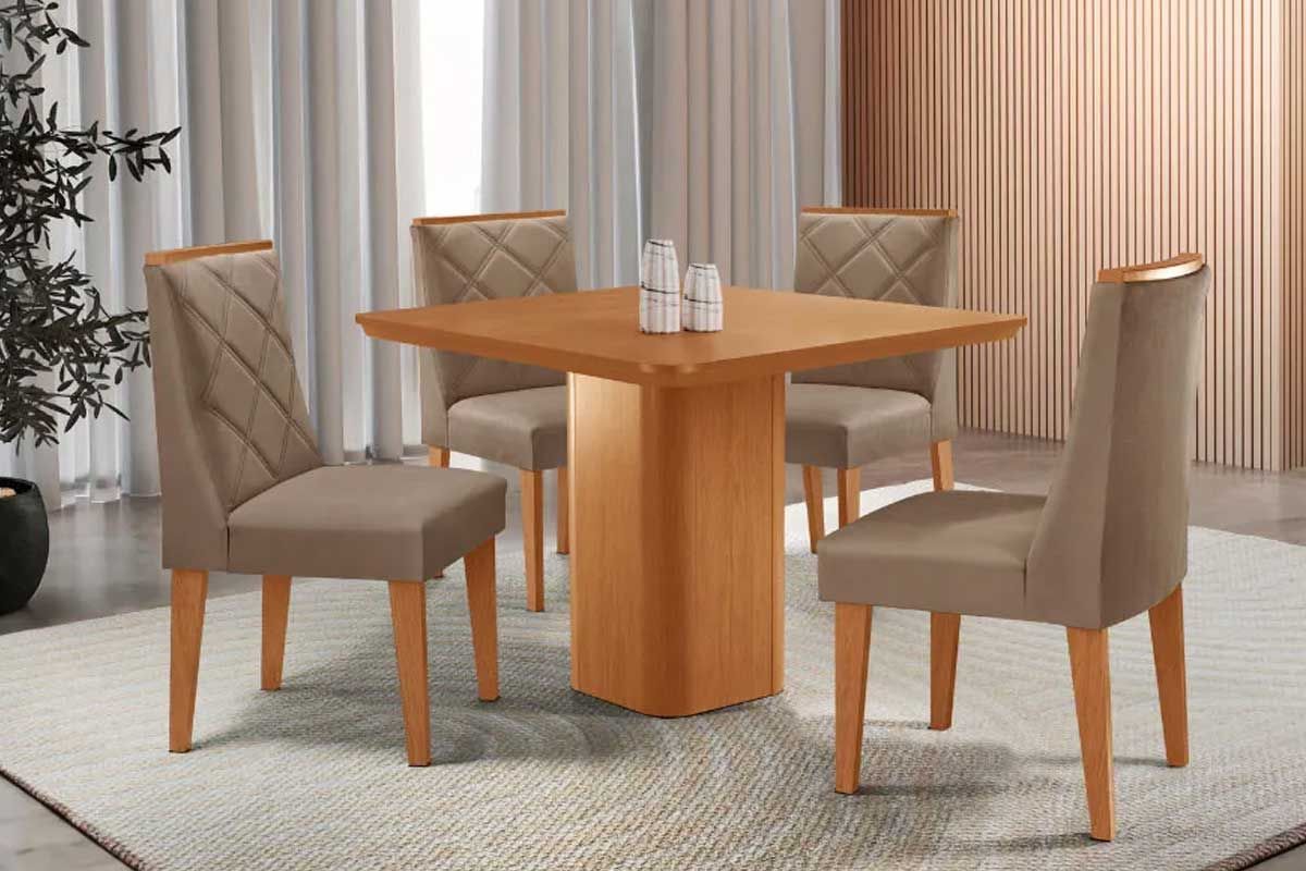 Sala Jantar Mesa Maldivas c/ Tampo Madeirado Canto Curvo 90x90cm e 4 Cadeiras Pietá - Rufato