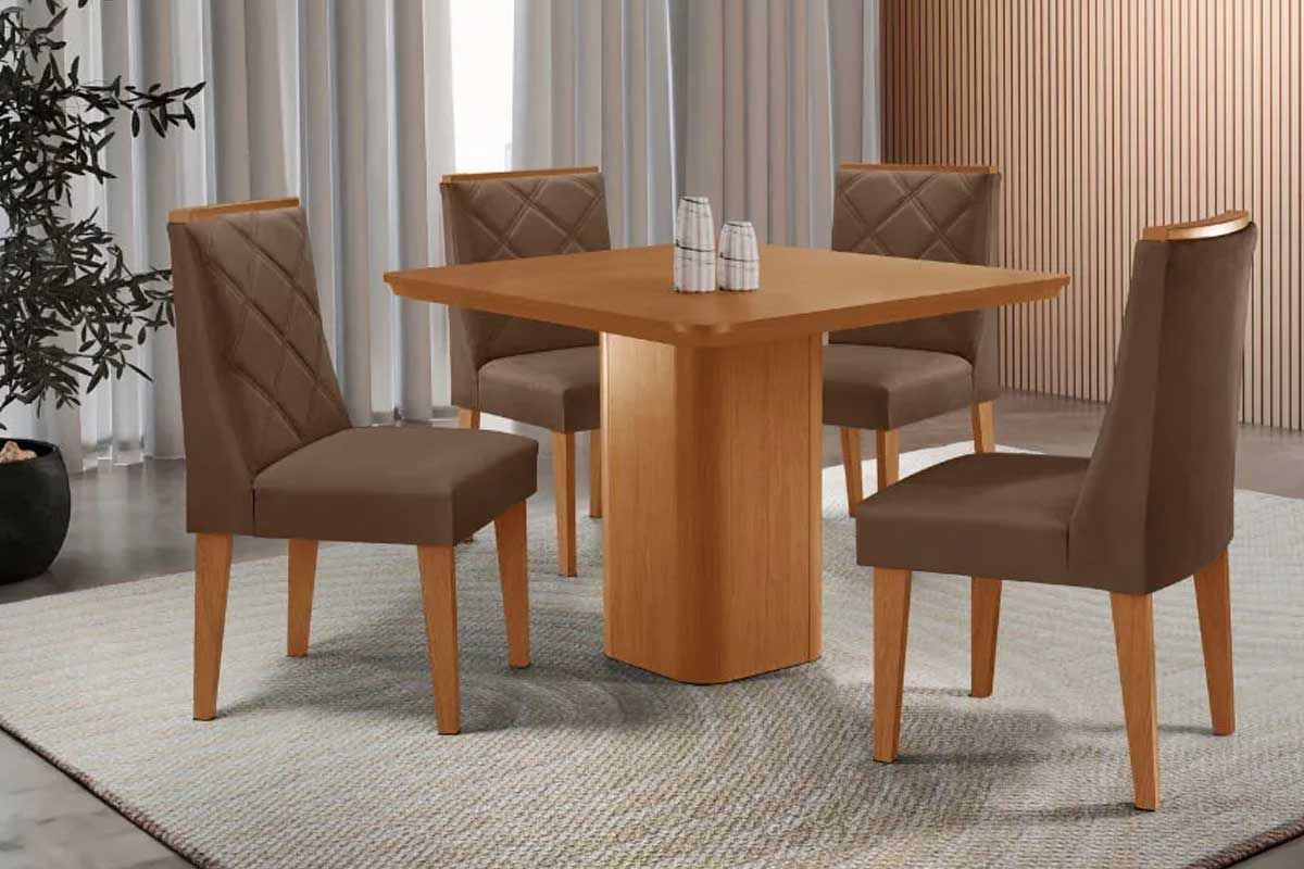 Sala Jantar Mesa Maldivas c/ Tampo Madeirado Canto Curvo 90x90cm e 4 Cadeiras Pietá - Rufato