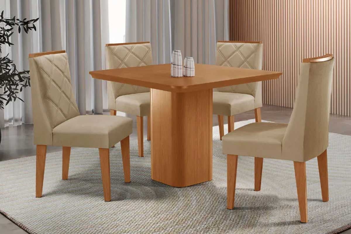 Sala Jantar Mesa Maldivas c/ Tampo Madeirado Canto Curvo 90x90cm e 4 Cadeiras Pietá - Rufato