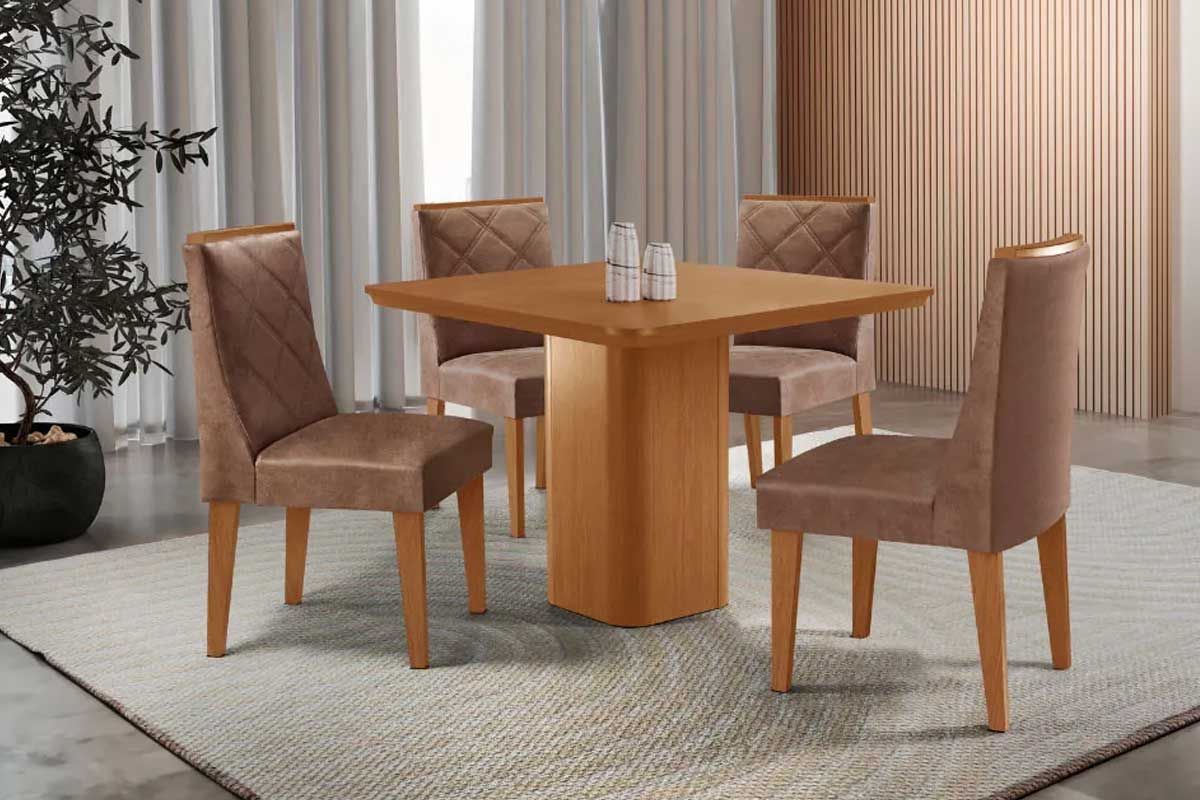 Sala Jantar Mesa Maldivas c/ Tampo Madeirado Canto Curvo 90x90cm e 4 Cadeiras Pietá - Rufato