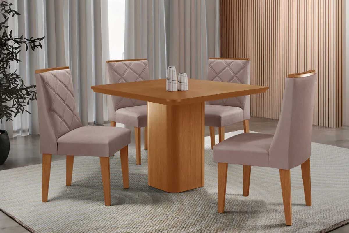 Sala Jantar Mesa Maldivas c/ Tampo Madeirado Canto Curvo 90x90cm e 4 Cadeiras Pietá - Rufato