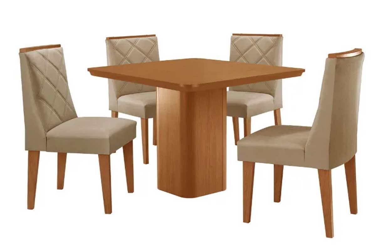 Sala Jantar Mesa Maldivas c/ Tampo Madeirado Canto Curvo 90x90cm e 4 Cadeiras Pietá - Rufato