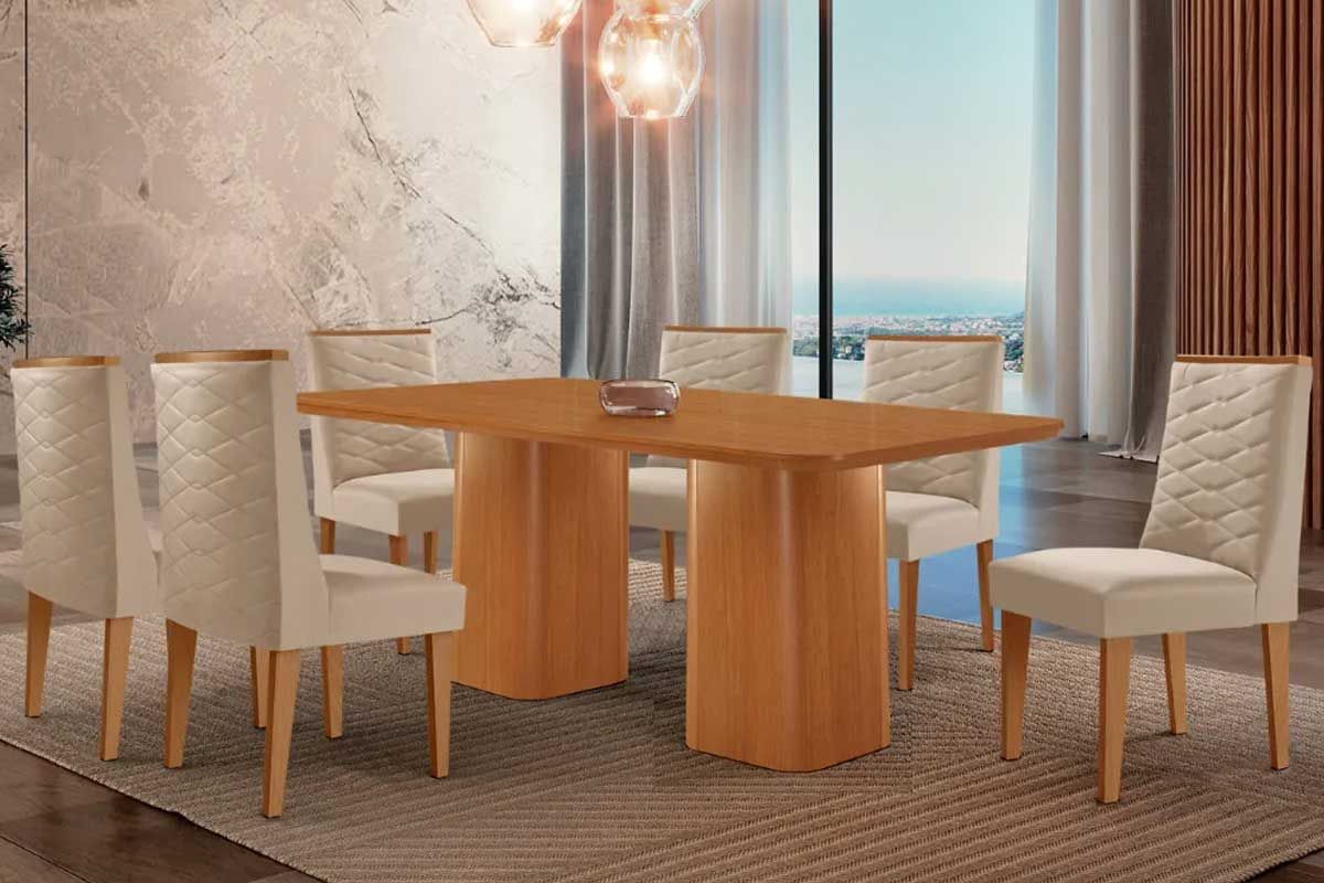 Sala Jantar Mesa Maldivas c/ Tampo Madeirado Canto Curvo 180x90cm e 6 Cadeiras Dafne - Rufato