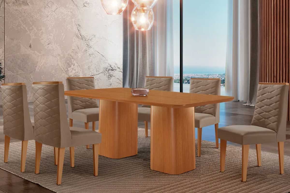 Sala Jantar Mesa Maldivas c/ Tampo Madeirado Canto Curvo 180x90cm e 6 Cadeiras Dafne - Rufato