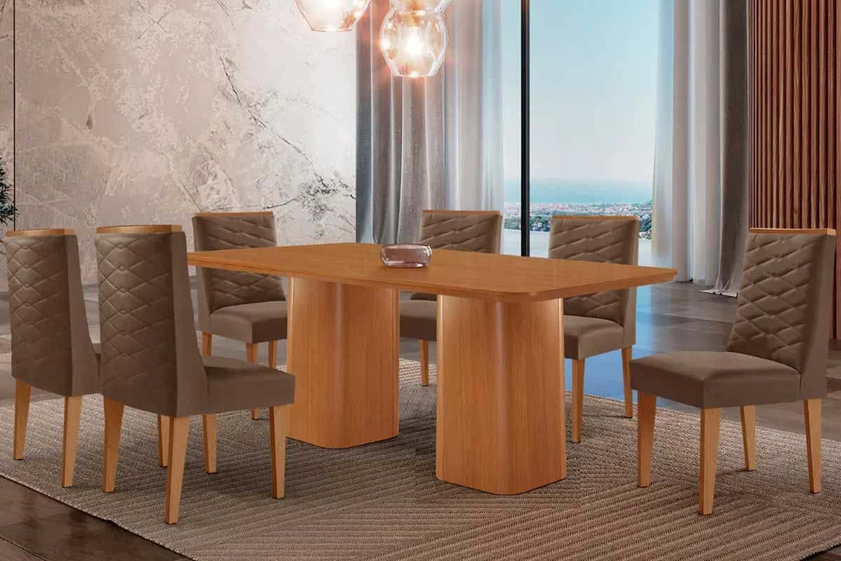 Sala Jantar Mesa Maldivas c/ Tampo Madeirado Canto Curvo 180x90cm e 6 Cadeiras Dafne - Rufato