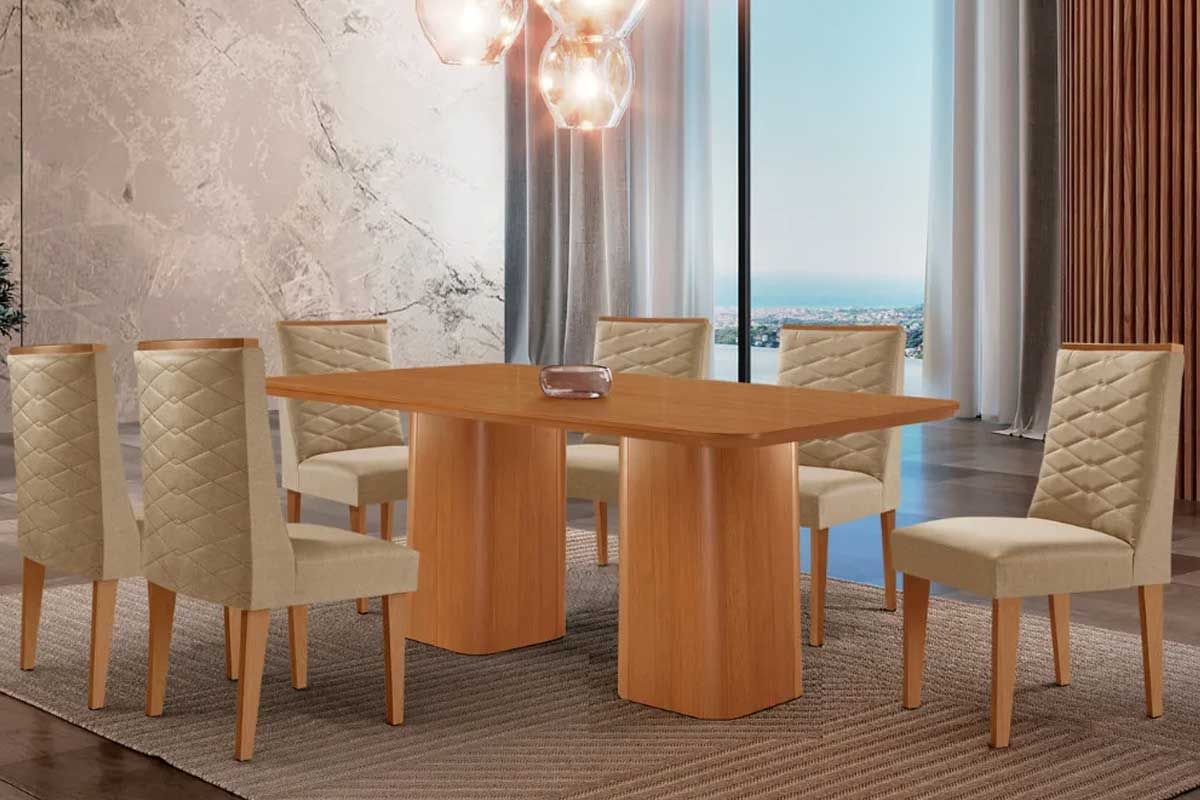 Sala Jantar Mesa Maldivas c/ Tampo Madeirado Canto Curvo 180x90cm e 6 Cadeiras Dafne - Rufato