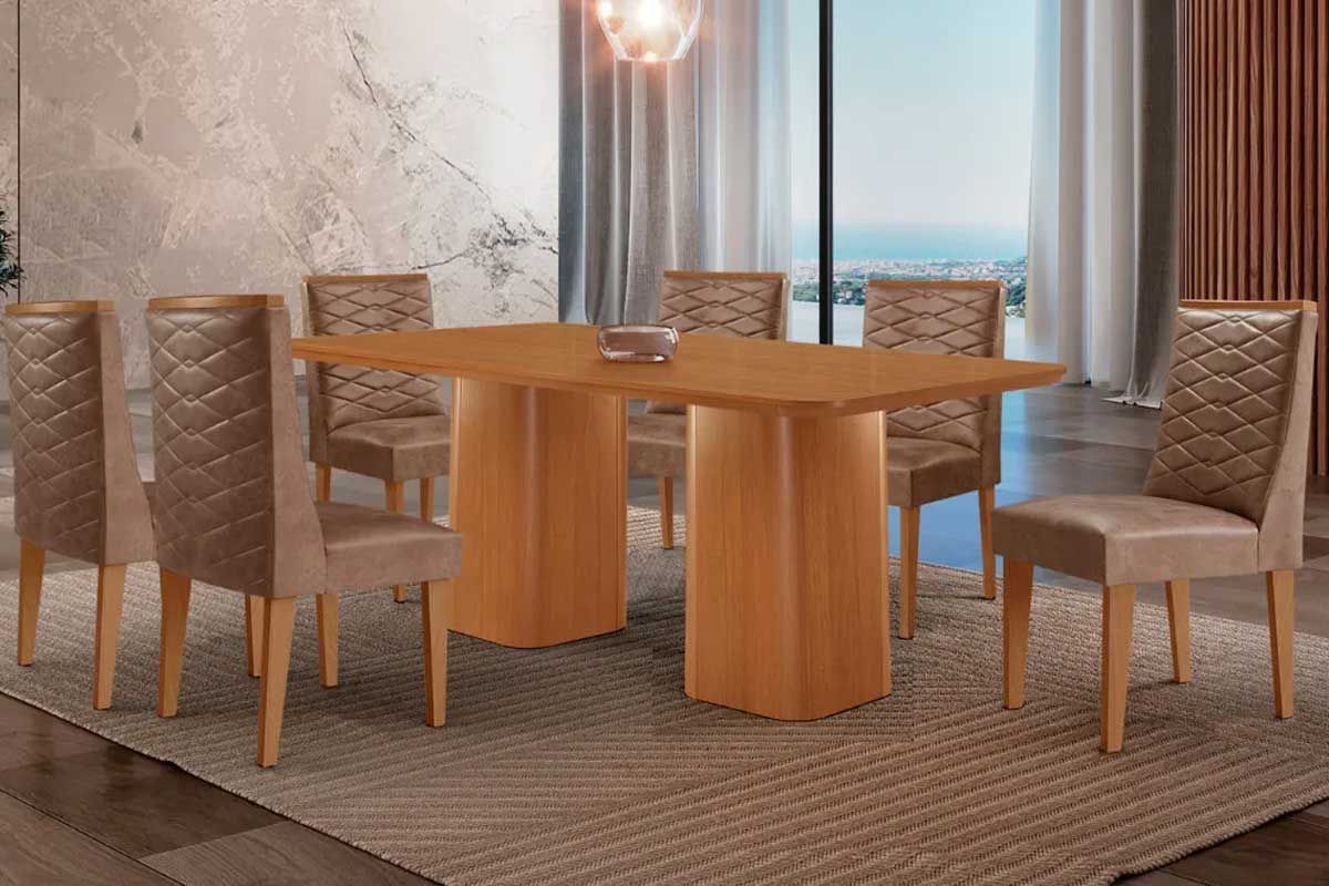 Sala Jantar Mesa Maldivas c/ Tampo Madeirado Canto Curvo 180x90cm e 6 Cadeiras Dafne - Rufato
