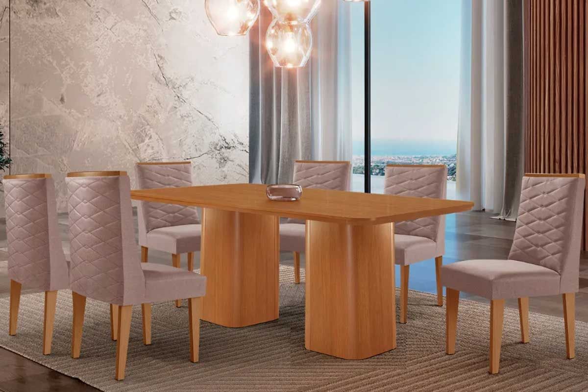 Sala Jantar Mesa Maldivas c/ Tampo Madeirado Canto Curvo 180x90cm e 6 Cadeiras Dafne - Rufato