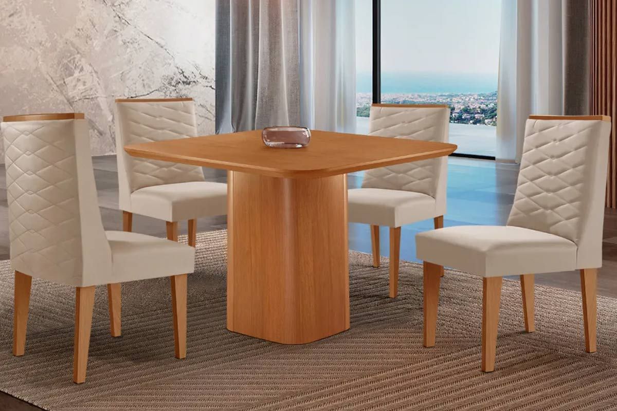 Sala Jantar Mesa Maldivas c/ Tampo Madeirado Canto Curvo 90x90cm e 4 Cadeiras Dafne - Rufato
