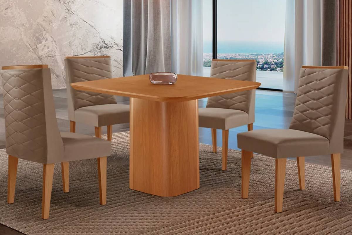 Sala Jantar Mesa Maldivas c/ Tampo Madeirado Canto Curvo 90x90cm e 4 Cadeiras Dafne - Rufato
