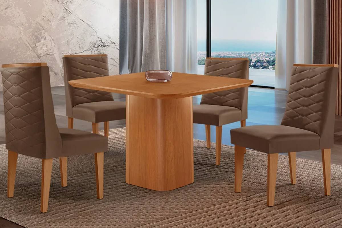 Sala Jantar Mesa Maldivas c/ Tampo Madeirado Canto Curvo 90x90cm e 4 Cadeiras Dafne - Rufato