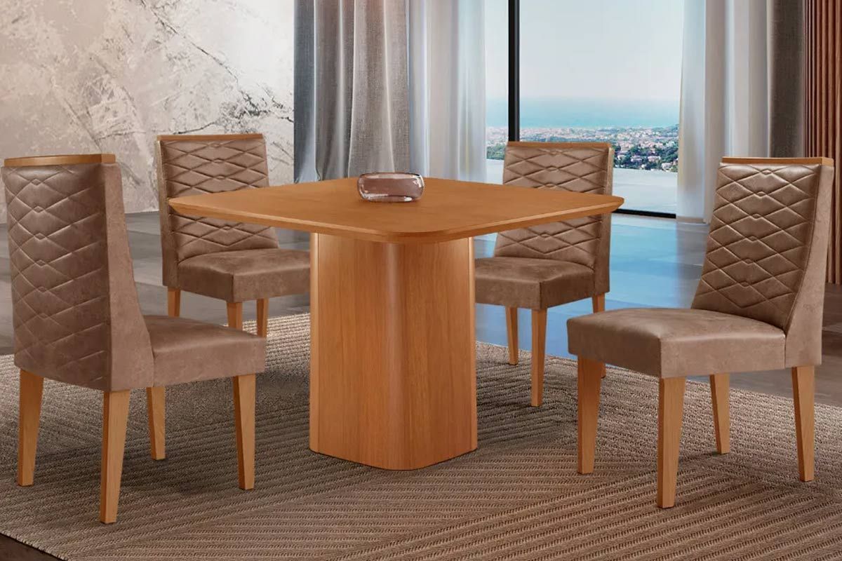 Sala Jantar Mesa Maldivas c/ Tampo Madeirado Canto Curvo 90x90cm e 4 Cadeiras Dafne - Rufato