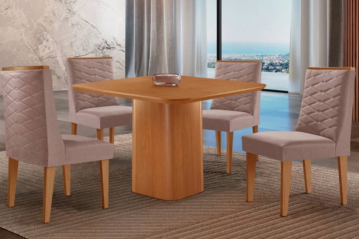 Sala Jantar Mesa Maldivas c/ Tampo Madeirado Canto Curvo 90x90cm e 4 Cadeiras Dafne - Rufato