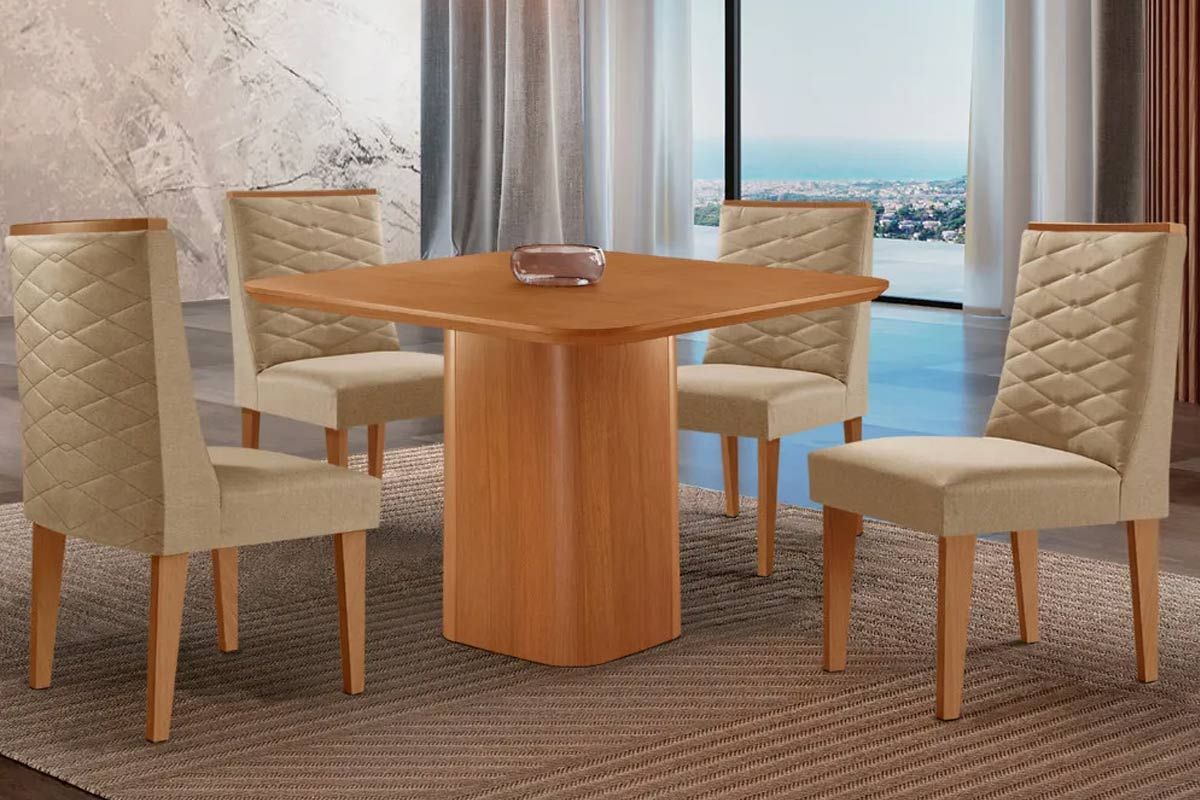 Sala Jantar Mesa Maldivas c/ Tampo Madeirado Canto Curvo 90x90cm e 4 Cadeiras Dafne - Rufato