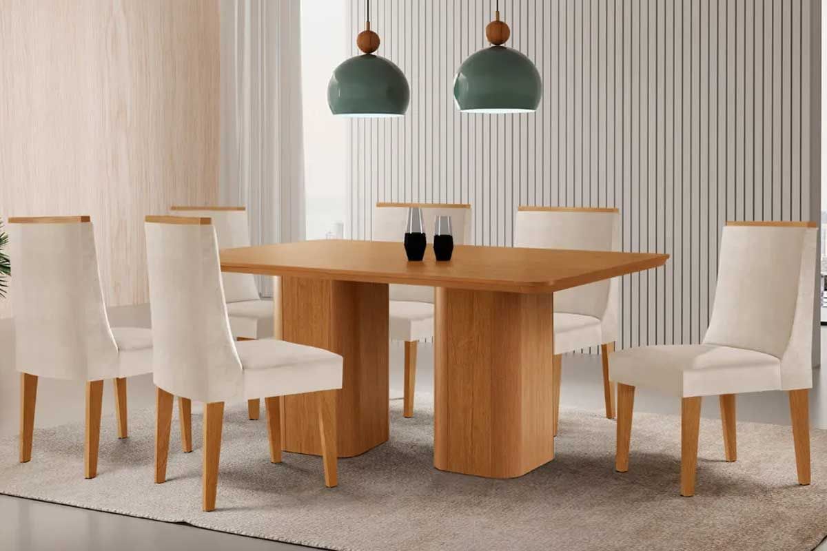 Sala Jantar Mesa Maldivas c/ Tampo Madeirado Canto Curvo 180x90cm e 6 Cadeiras Dakota - Rufato