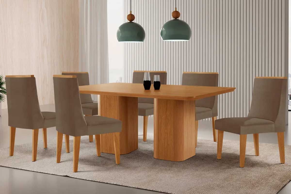 Sala Jantar Mesa Maldivas c/ Tampo Madeirado Canto Curvo 180x90cm e 6 Cadeiras Dakota - Rufato