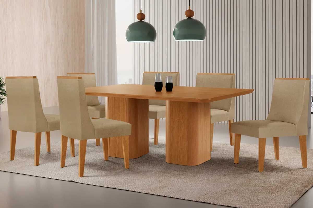 Sala Jantar Mesa Maldivas c/ Tampo Madeirado Canto Curvo 180x90cm e 6 Cadeiras Dakota - Rufato