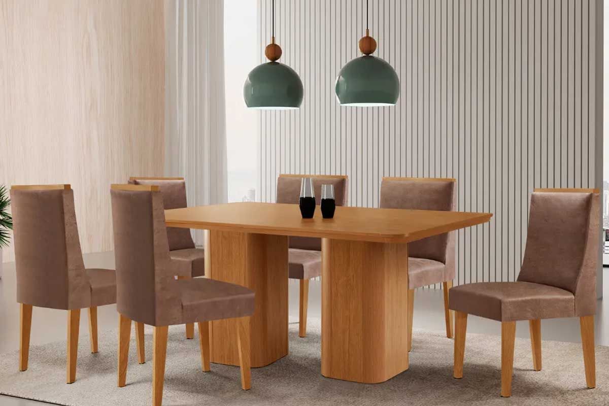 Sala Jantar Mesa Maldivas c/ Tampo Madeirado Canto Curvo 180x90cm e 6 Cadeiras Dakota - Rufato