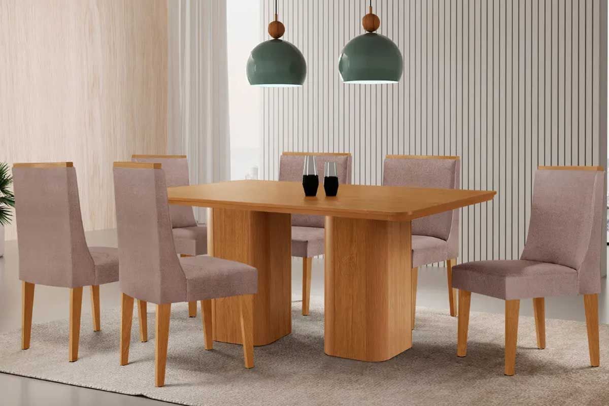 Sala Jantar Mesa Maldivas c/ Tampo Madeirado Canto Curvo 180x90cm e 6 Cadeiras Dakota - Rufato