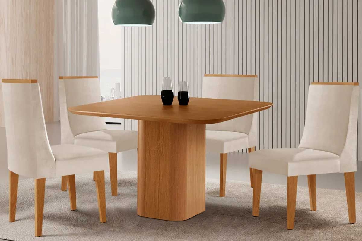 Sala Jantar Mesa Maldivas c/ Tampo Madeirado Canto Curvo 90x90cm e 4 Cadeiras Dakota - Rufato