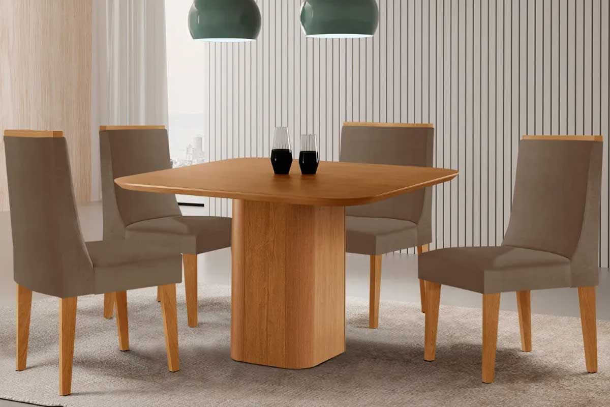 Sala Jantar Mesa Maldivas c/ Tampo Madeirado Canto Curvo 90x90cm e 4 Cadeiras Dakota - Rufato