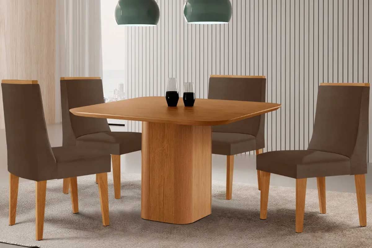 Sala Jantar Mesa Maldivas c/ Tampo Madeirado Canto Curvo 90x90cm e 4 Cadeiras Dakota - Rufato