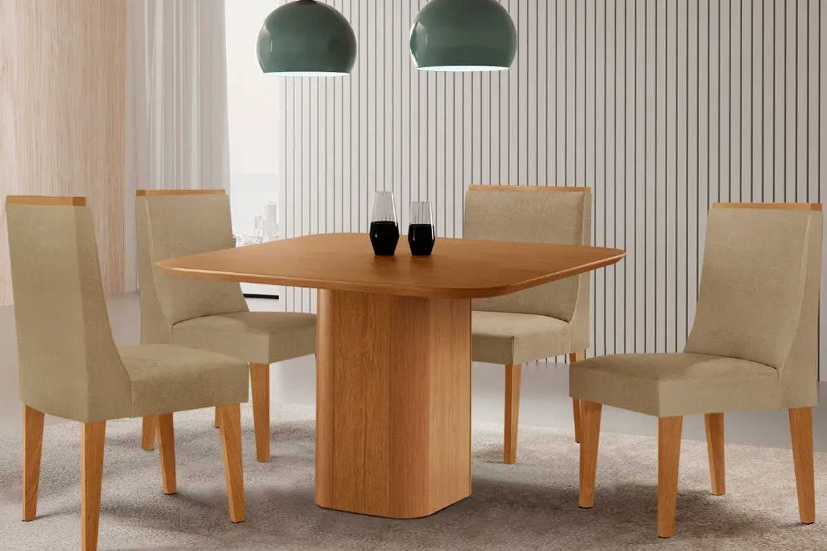 Sala Jantar Mesa Maldivas c/ Tampo Madeirado Canto Curvo 90x90cm e 4 Cadeiras Dakota - Rufato