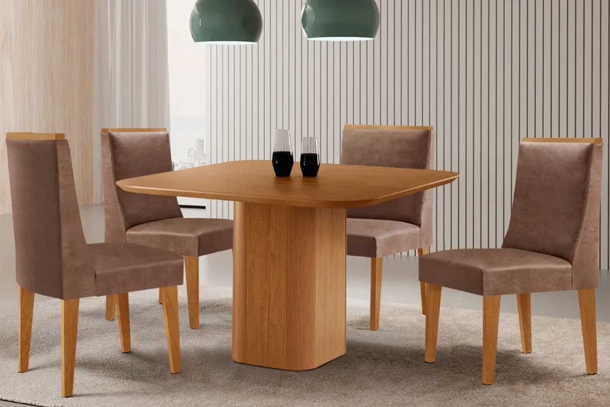 Sala Jantar Mesa Maldivas c/ Tampo Madeirado Canto Curvo 90x90cm e 4 Cadeiras Dakota - Rufato