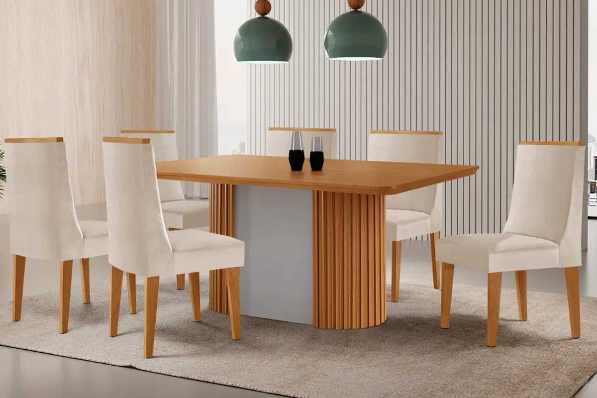 Sala Jantar Mesa Pilar c/ Tampo Madeirado Canto Curvo 180x90cm e 6 Cadeiras Dakota - Rufato