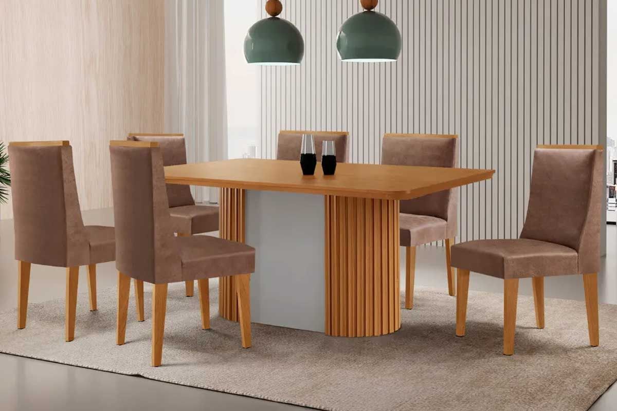 Sala Jantar Mesa Pilar c/ Tampo Madeirado Canto Curvo 180x90cm e 6 Cadeiras Dakota - Rufato
